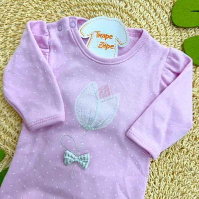 Kit 3 Peças - Bodys Manga Longa Passarinha com Flores - Rosa e Lilás